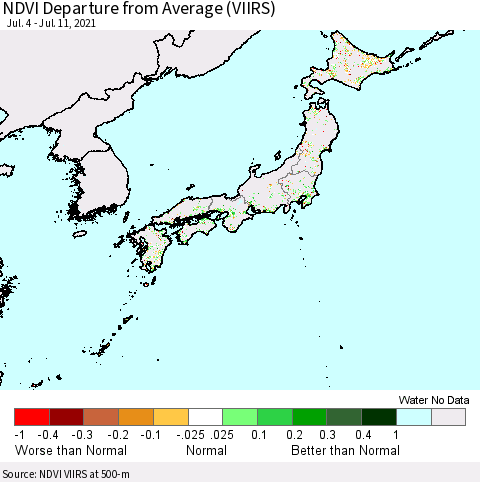 Japan NDVI Departure from Average (VIIRS) Thematic Map For 7/4/2021 - 7/11/2021