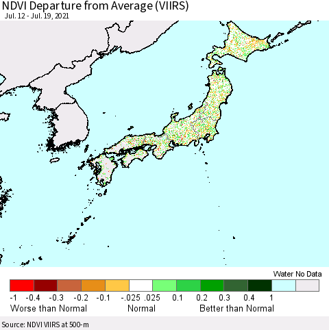 Japan NDVI Departure from Average (VIIRS) Thematic Map For 7/12/2021 - 7/19/2021