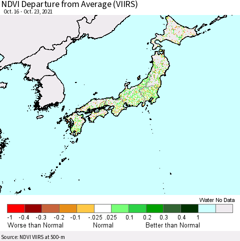 Japan NDVI Departure from Average (VIIRS) Thematic Map For 10/16/2021 - 10/23/2021