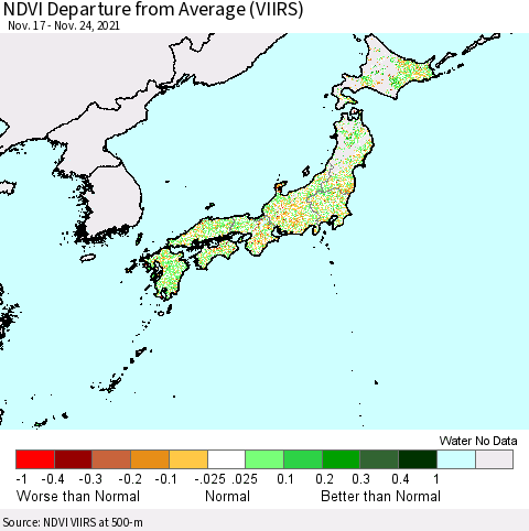 Japan NDVI Departure from Average (VIIRS) Thematic Map For 11/17/2021 - 11/24/2021