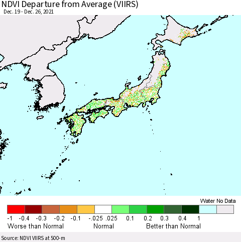 Japan NDVI Departure from Average (VIIRS) Thematic Map For 12/19/2021 - 12/26/2021