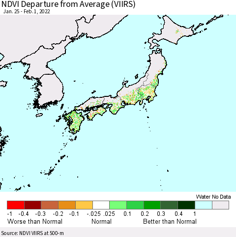 Japan NDVI Departure from Average (VIIRS) Thematic Map For 1/25/2022 - 2/1/2022