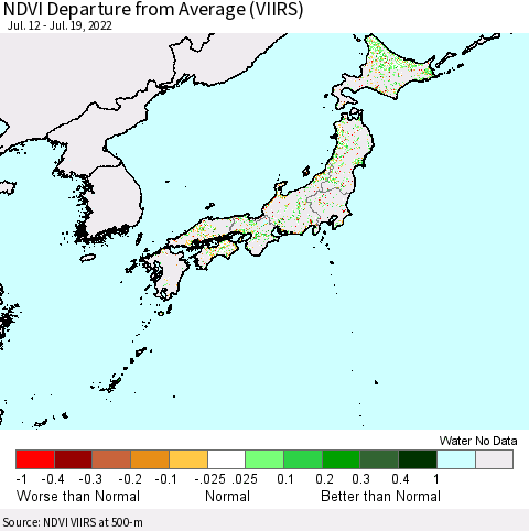 Japan NDVI Departure from Average (VIIRS) Thematic Map For 7/12/2022 - 7/19/2022
