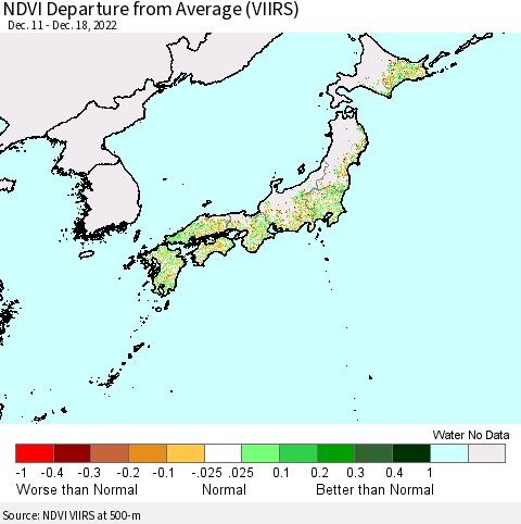 Japan NDVI Departure from Average (VIIRS) Thematic Map For 12/11/2022 - 12/18/2022