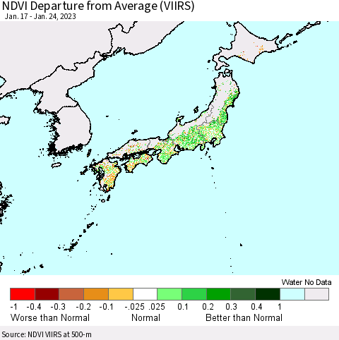 Japan NDVI Departure from Average (VIIRS) Thematic Map For 1/17/2023 - 1/24/2023