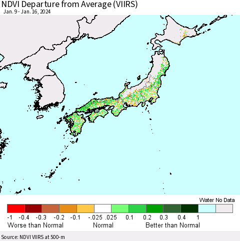 Japan NDVI Departure from Average (VIIRS) Thematic Map For 1/9/2024 - 1/16/2024