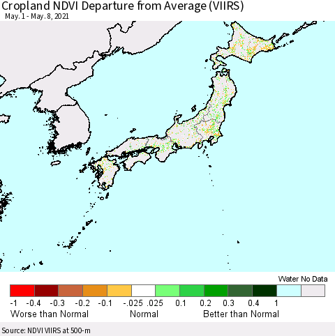 Japan Cropland NDVI Departure from Average (VIIRS) Thematic Map For 5/1/2021 - 5/8/2021