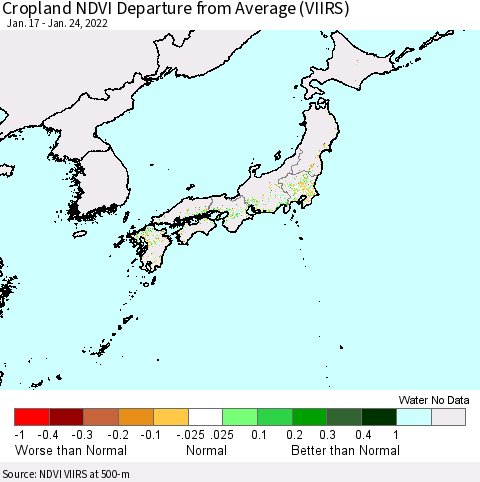 Japan Cropland NDVI Departure from Average (VIIRS) Thematic Map For 1/17/2022 - 1/24/2022