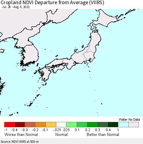 Japan Cropland NDVI Departure from Average (VIIRS) Thematic Map For 7/28/2022 - 8/4/2022