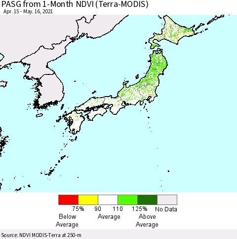 Japan PASG from 1-Month NDVI (Terra-MODIS) Thematic Map For 5/9/2021 - 5/16/2021