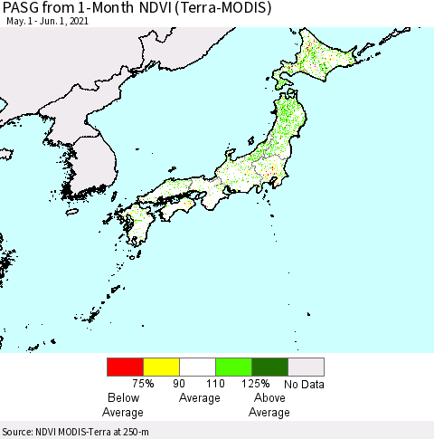 Japan PASG from 1-Month NDVI (Terra-MODIS) Thematic Map For 5/25/2021 - 6/1/2021