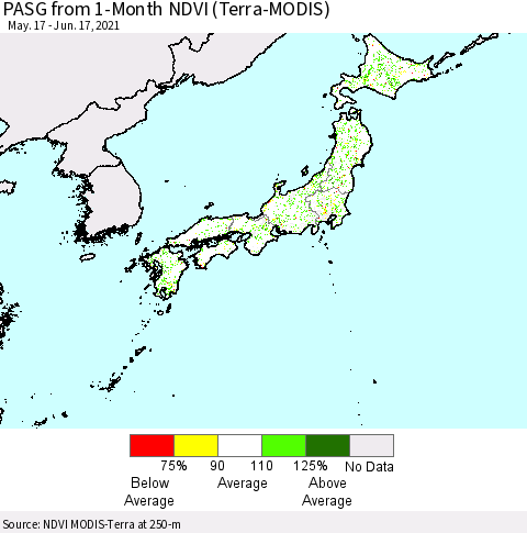 Japan PASG from 1-Month NDVI (Terra-MODIS) Thematic Map For 6/10/2021 - 6/17/2021