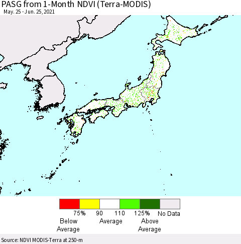 Japan PASG from 1-Month NDVI (Terra-MODIS) Thematic Map For 6/18/2021 - 6/25/2021