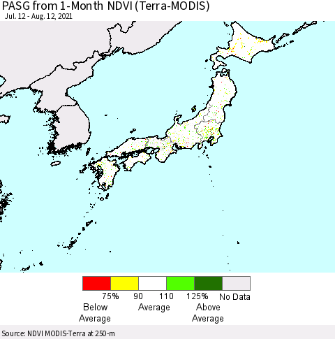 Japan PASG from 1-Month NDVI (Terra-MODIS) Thematic Map For 8/5/2021 - 8/12/2021