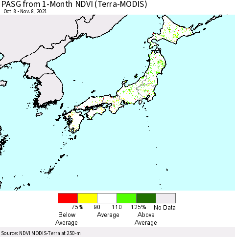 Japan PASG from 1-Month NDVI (Terra-MODIS) Thematic Map For 11/1/2021 - 11/8/2021