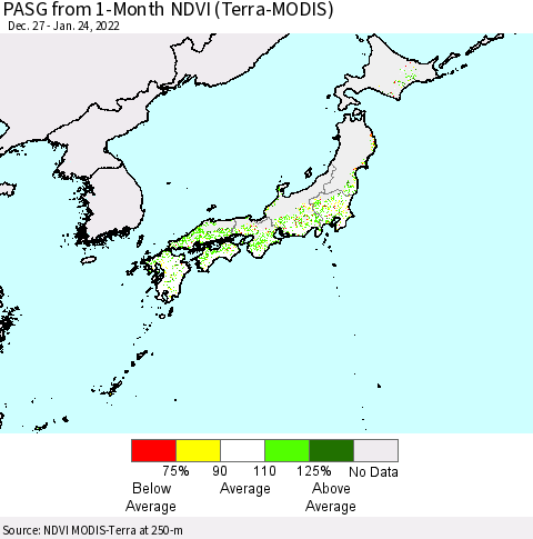 Japan PASG from 1-Month NDVI (Terra-MODIS) Thematic Map For 1/17/2022 - 1/24/2022