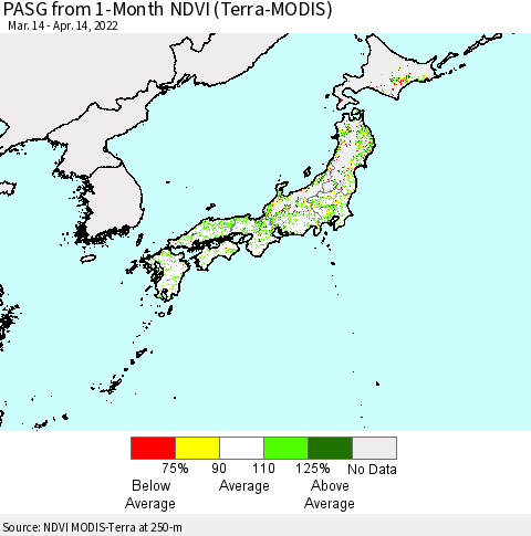 Japan PASG from 1-Month NDVI (Terra-MODIS) Thematic Map For 4/7/2022 - 4/14/2022