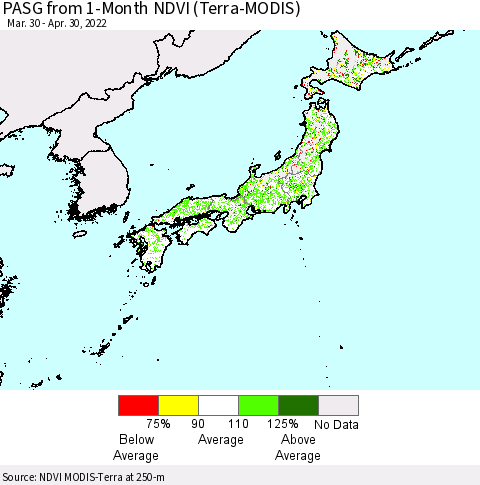 Japan PASG from 1-Month NDVI (Terra-MODIS) Thematic Map For 4/23/2022 - 4/30/2022