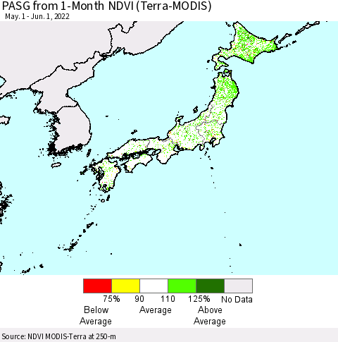 Japan PASG from 1-Month NDVI (Terra-MODIS) Thematic Map For 5/25/2022 - 6/1/2022