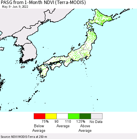 Japan PASG from 1-Month NDVI (Terra-MODIS) Thematic Map For 6/2/2022 - 6/9/2022