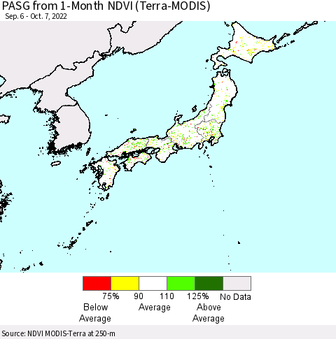 Japan PASG from 1-Month NDVI (Terra-MODIS) Thematic Map For 9/30/2022 - 10/7/2022