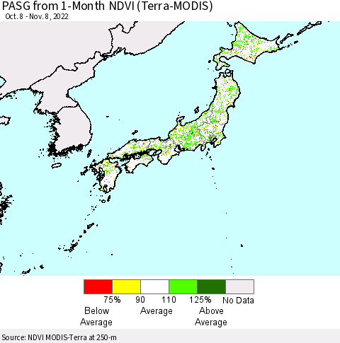 Japan PASG from 1-Month NDVI (Terra-MODIS) Thematic Map For 11/1/2022 - 11/8/2022