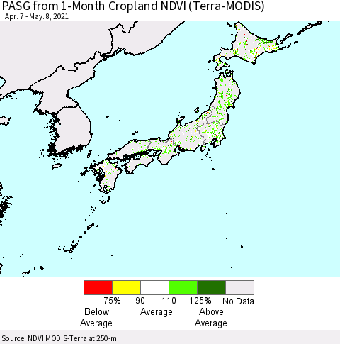 Japan PASG from 1-Month Cropland NDVI (Terra-MODIS) Thematic Map For 5/1/2021 - 5/8/2021