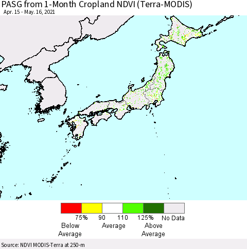 Japan PASG from 1-Month Cropland NDVI (Terra-MODIS) Thematic Map For 5/9/2021 - 5/16/2021