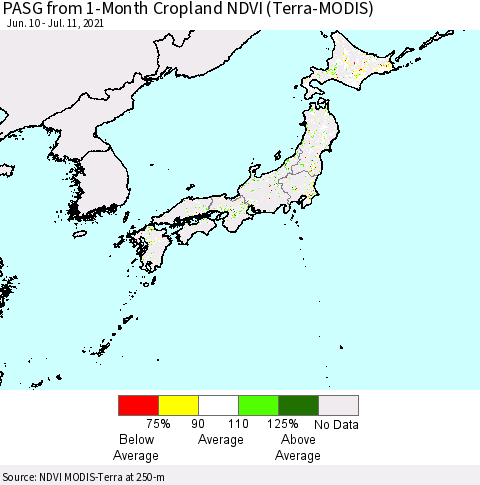 Japan PASG from 1-Month Cropland NDVI (Terra-MODIS) Thematic Map For 7/4/2021 - 7/11/2021