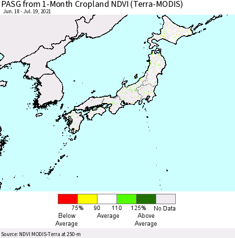 Japan PASG from 1-Month Cropland NDVI (Terra-MODIS) Thematic Map For 7/12/2021 - 7/19/2021