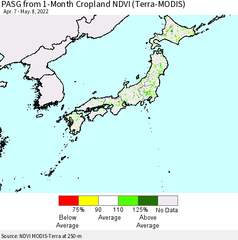 Japan PASG from 1-Month Cropland NDVI (Terra-MODIS) Thematic Map For 5/1/2022 - 5/8/2022