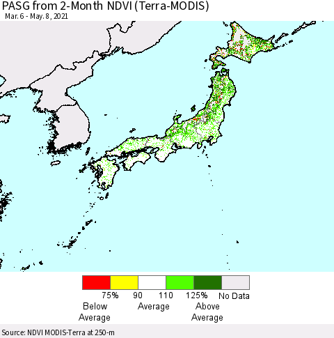 Japan PASG from 2-Month NDVI (Terra-MODIS) Thematic Map For 5/1/2021 - 5/8/2021