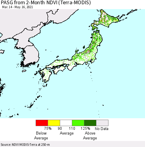 Japan PASG from 2-Month NDVI (Terra-MODIS) Thematic Map For 5/9/2021 - 5/16/2021