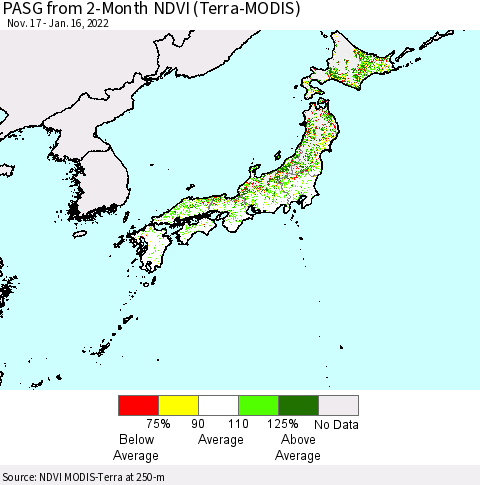 Japan PASG from 2-Month NDVI (Terra-MODIS) Thematic Map For 1/9/2022 - 1/16/2022