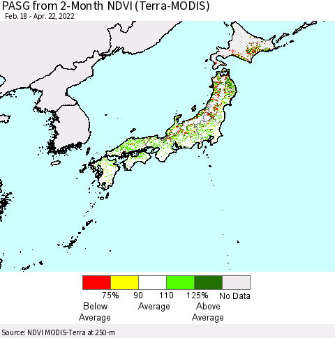 Japan PASG from 2-Month NDVI (Terra-MODIS) Thematic Map For 4/15/2022 - 4/22/2022