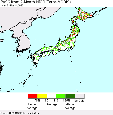 Japan PASG from 2-Month NDVI (Terra-MODIS) Thematic Map For 5/1/2022 - 5/8/2022