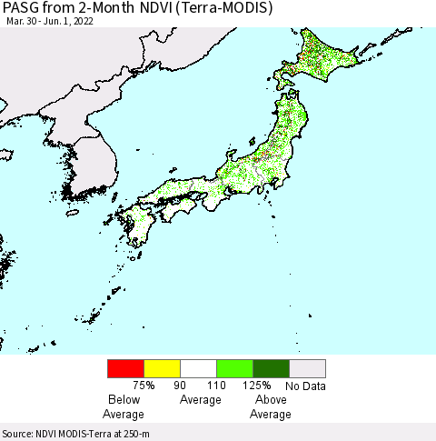 Japan PASG from 2-Month NDVI (Terra-MODIS) Thematic Map For 5/25/2022 - 6/1/2022