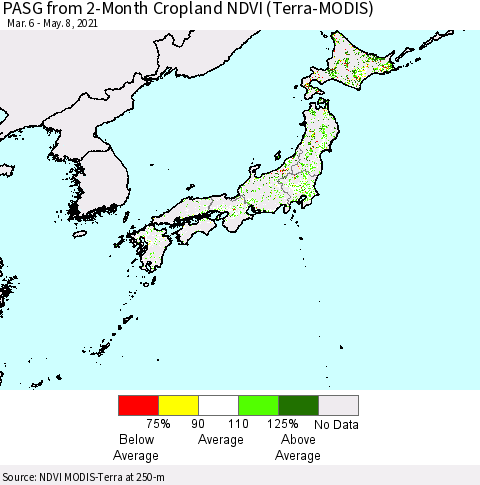 Japan PASG from 2-Month Cropland NDVI (Terra-MODIS) Thematic Map For 5/1/2021 - 5/8/2021