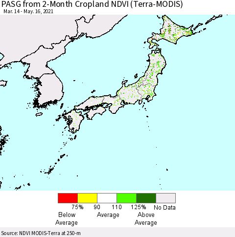 Japan PASG from 2-Month Cropland NDVI (Terra-MODIS) Thematic Map For 5/9/2021 - 5/16/2021