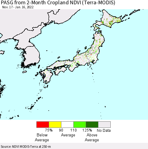 Japan PASG from 2-Month Cropland NDVI (Terra-MODIS) Thematic Map For 1/9/2022 - 1/16/2022