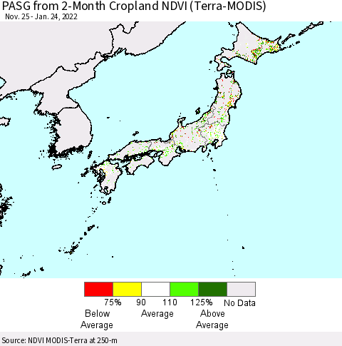 Japan PASG from 2-Month Cropland NDVI (Terra-MODIS) Thematic Map For 1/17/2022 - 1/24/2022