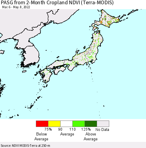 Japan PASG from 2-Month Cropland NDVI (Terra-MODIS) Thematic Map For 5/1/2022 - 5/8/2022