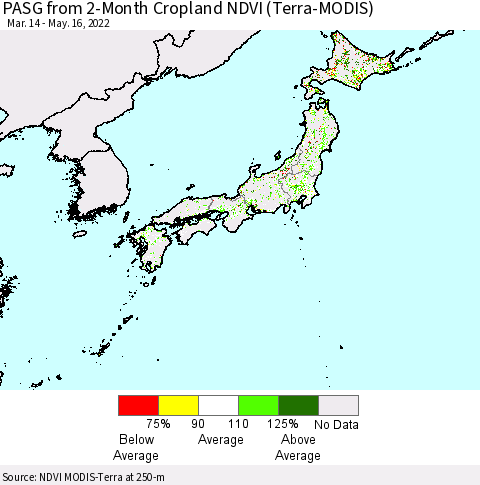 Japan PASG from 2-Month Cropland NDVI (Terra-MODIS) Thematic Map For 5/9/2022 - 5/16/2022