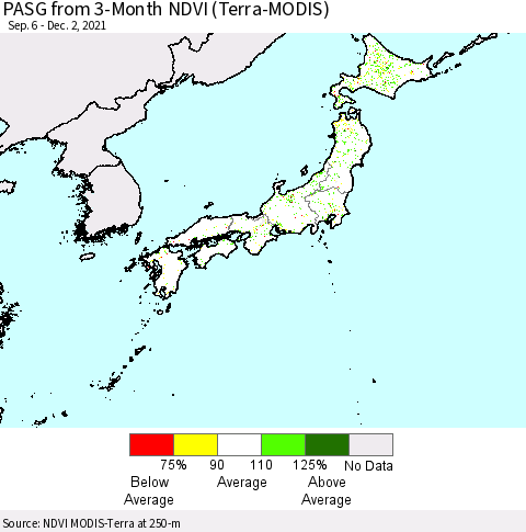 Japan PASG from 3-Month NDVI (Terra-MODIS) Thematic Map For 11/25/2021 - 12/2/2021