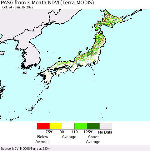 Japan PASG from 3-Month NDVI (Terra-MODIS) Thematic Map For 1/9/2022 - 1/16/2022