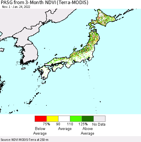 Japan PASG from 3-Month NDVI (Terra-MODIS) Thematic Map For 1/17/2022 - 1/24/2022
