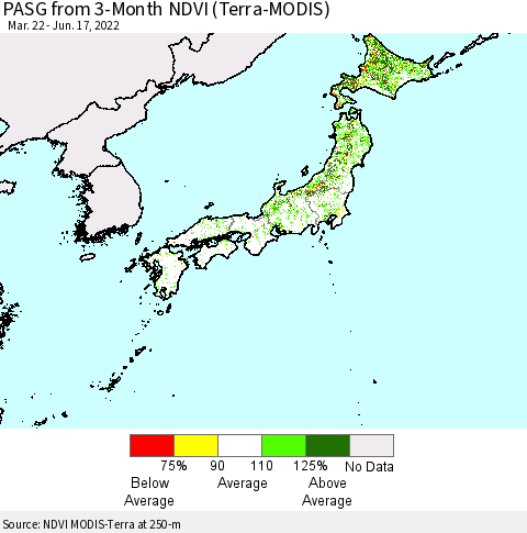 Japan PASG from 3-Month NDVI (Terra-MODIS) Thematic Map For 6/10/2022 - 6/17/2022
