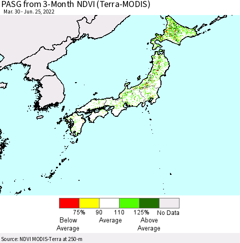 Japan PASG from 3-Month NDVI (Terra-MODIS) Thematic Map For 6/18/2022 - 6/25/2022