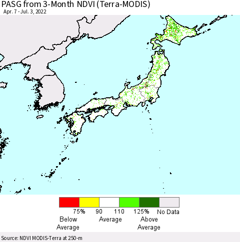 Japan PASG from 3-Month NDVI (Terra-MODIS) Thematic Map For 6/26/2022 - 7/3/2022