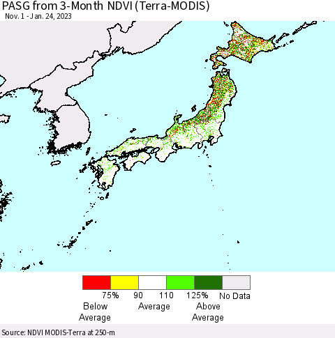 Japan PASG from 3-Month NDVI (Terra-MODIS) Thematic Map For 1/17/2023 - 1/24/2023